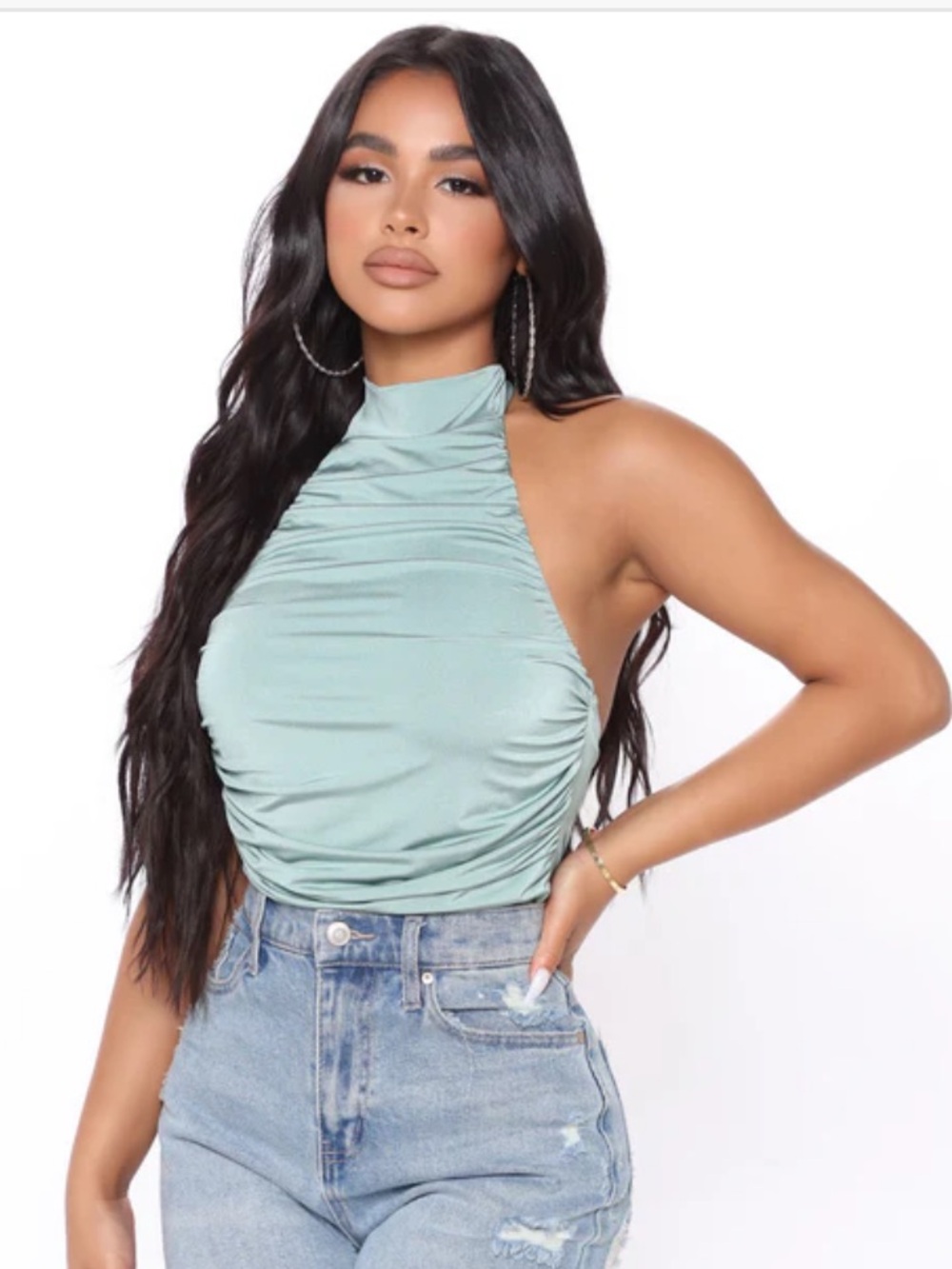 Keep Up With The Vibe Ruched Halter Bodysuit - Sage